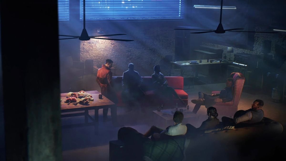 A group of criminals plots a heist in a dimly lit room in Payday 3
