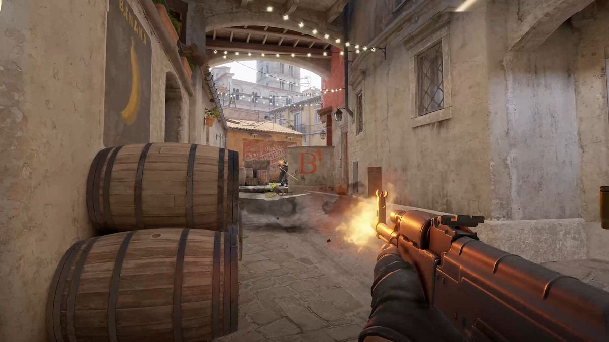 The player fires an AK-47 through a cloud of smoke, which parts to reveal more clarity on the other side, in Counter-Strike 2