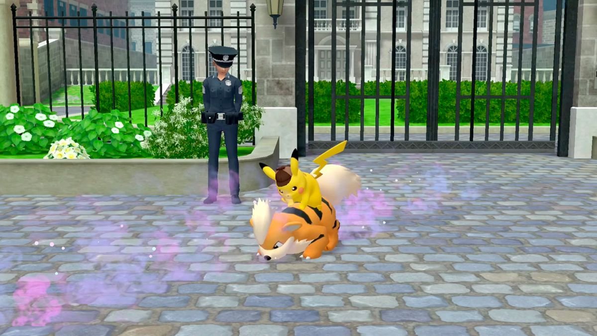 Pikachu rides on the back of a Growlithe that is following a scent trailer in Detective Pikachu Returns