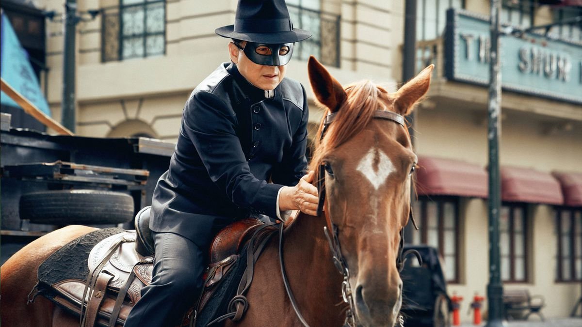 Jackie Chan, dressed like Zorro, rides a horse in Ride On.