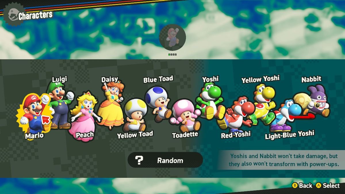 The character select menu in Super Mario Bros. Wonder features Mario, Luigi, Peach, Daisy, Toad, Toadette, Yoshi, and Nabbit