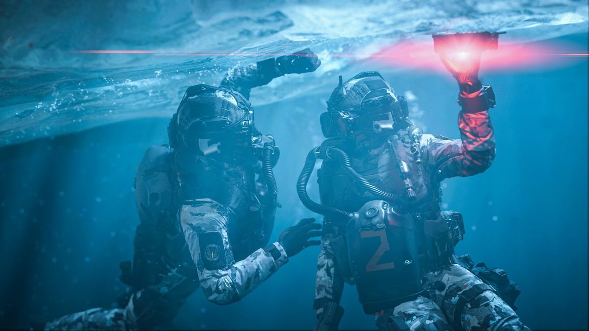 Two members of Task Force 141 put a breaching charge on a layer of ice above them in a frozen pond in Call of Duty: Modern Warfare 3