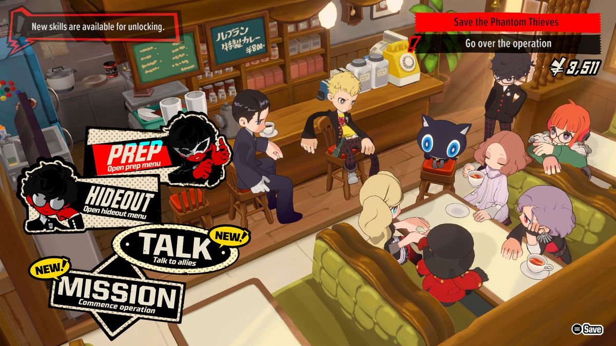 The Phantom Thieves hang out and chat in Cafe Leblanc in Persona 5 Tactica