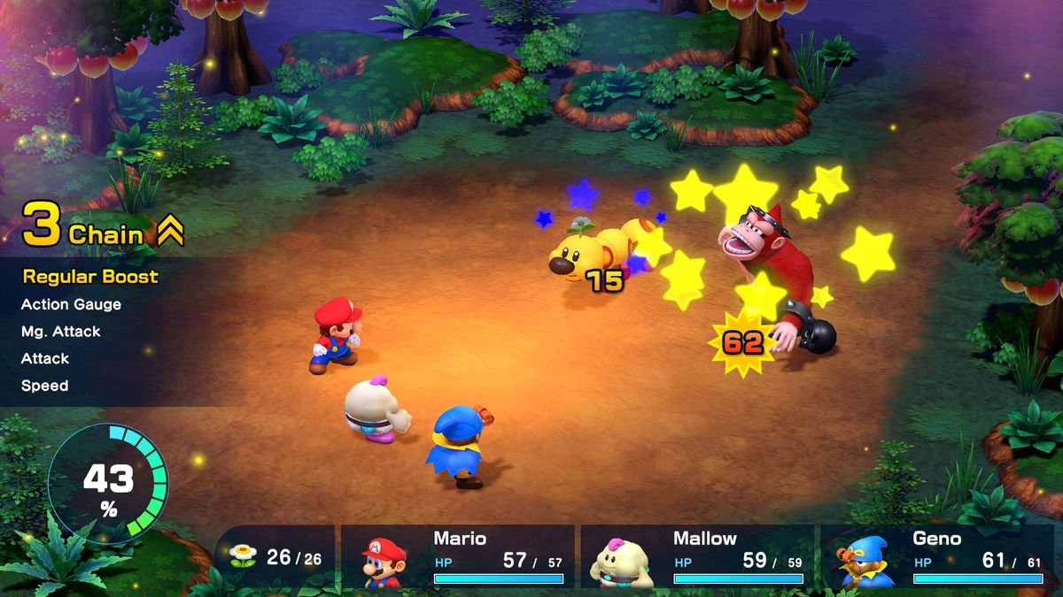 Mario, Mallow, and Geno line up for battle against two enemies in Super Mario RPG. Text shows that they have a chain going that is boosting various stats