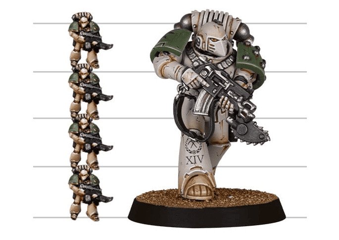 Four tiny space marines stacked up next to a large one.