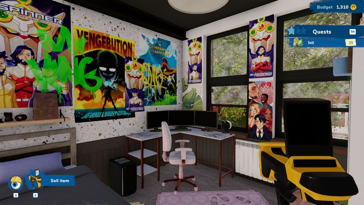 A room filled with anime posters and a computer desk in House Flipper 2