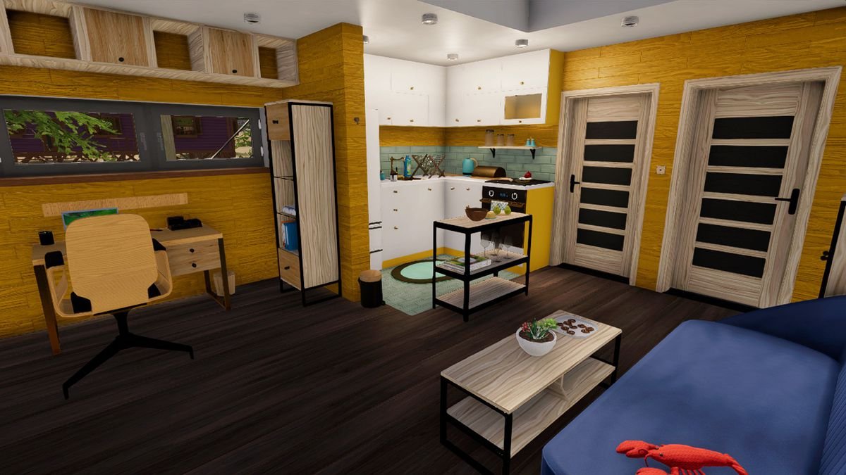 A nice yellow living room with blue couch in House Flipper 2