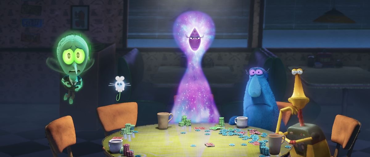 A tiny green mosquito-like creature, a very small white fluffy mouse being, an ethereal purple-pink being, a fluffy blue monster with a big nose, and a golden robot all sit around a table playing poker. 