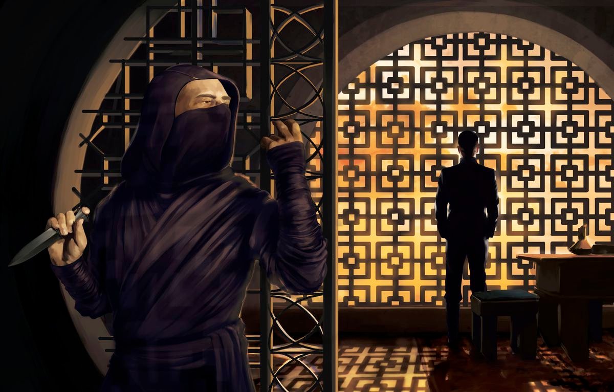 An assassin lies in wait outside a dark room, where a man stands before a bright latticework window.