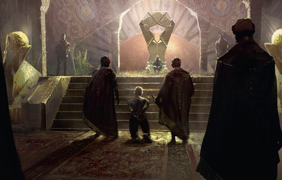 A prisoner kneels before the Emperor. The style is brisk and pixelated, with Middle-eastern motifs in the background of the ornate throne dais.