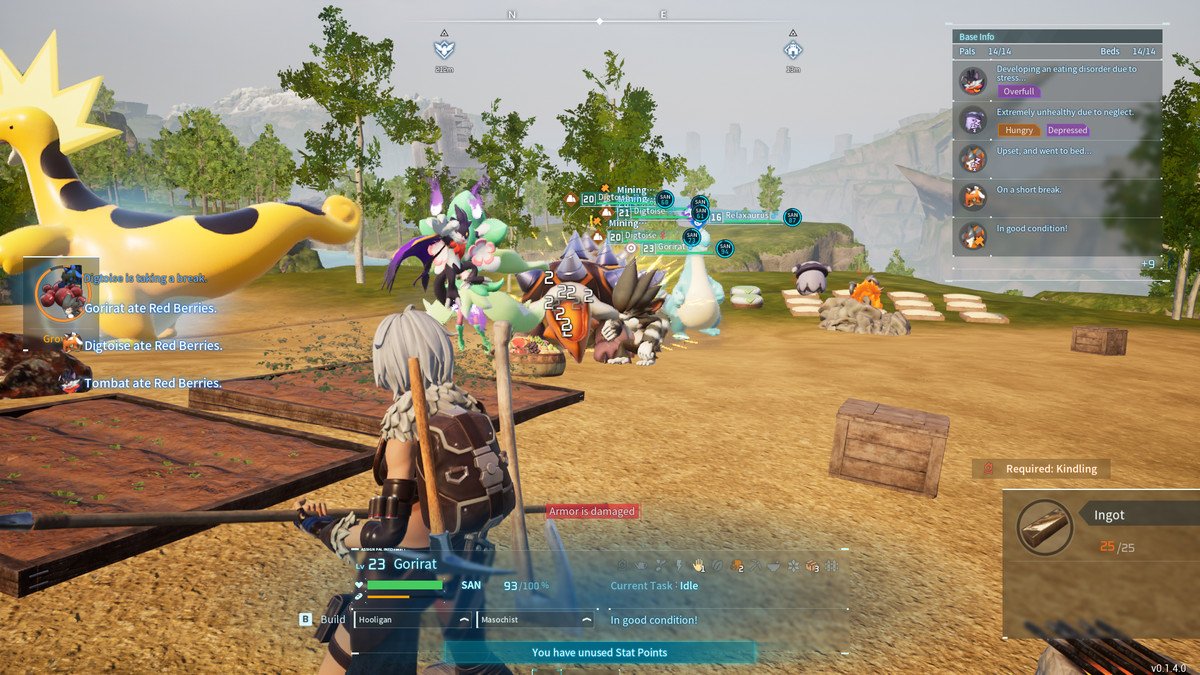An image of a camp in Palworld. It shows more than a dozen creatures working on tasks like mining or gardening. Many of the Pals are clipping into each other and overlapping. 