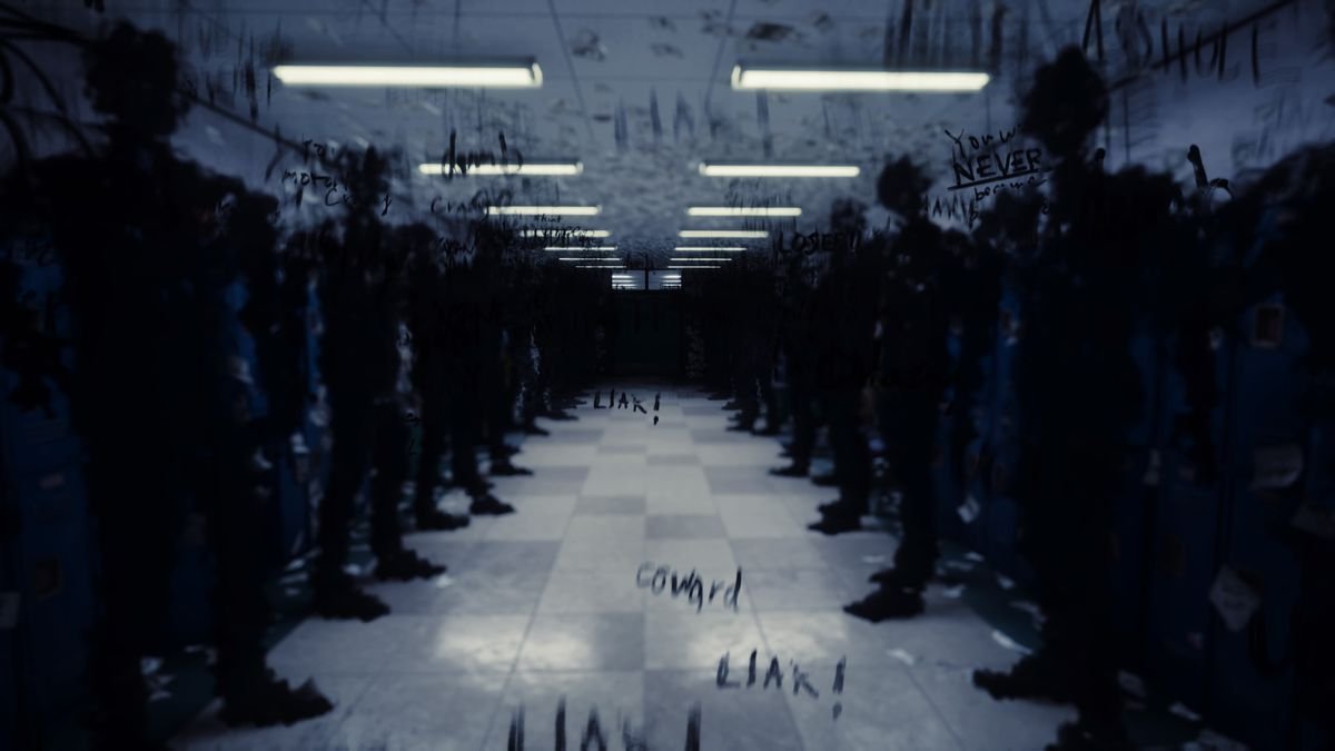 A bunch of shadow people standing in a school hallway staring at the protagonist. Words float around the screen, calling you a “coward” and a “liar.”