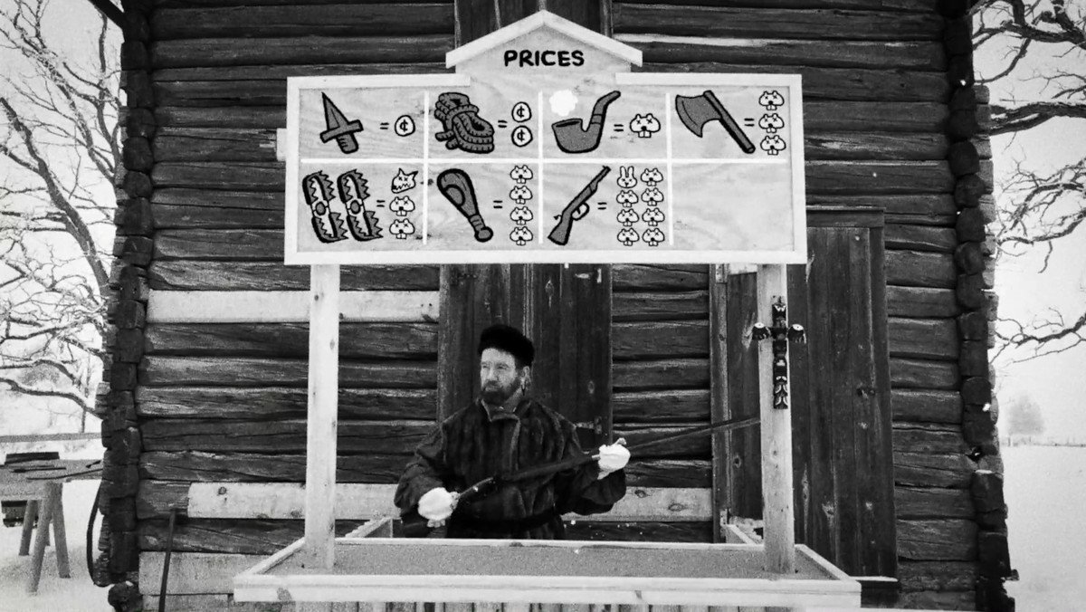 A trader stands behind his stall, with prices for objects displayed in a video-game-like manor, in Hundreds of Beavers