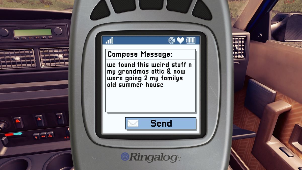 A cellphone displaying a message: “we found this weird stuff in my grandmas attic & now were going 2 my familys old summer house”