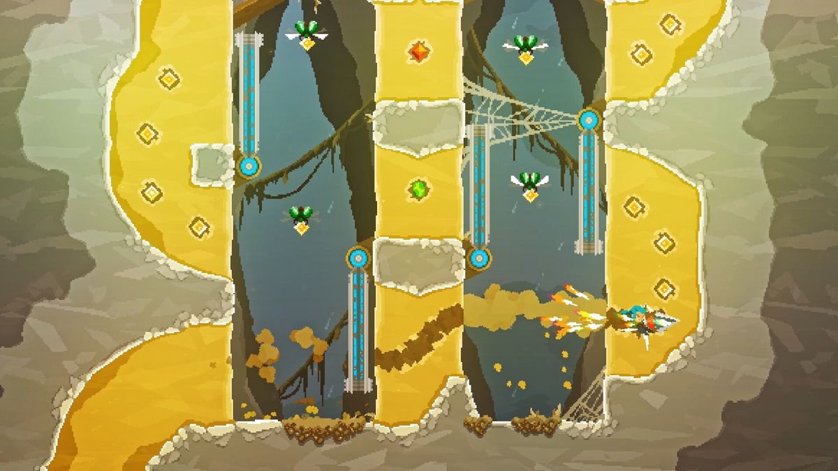 A level from Pepper Grinder, in which Pepper is grinding through sand to collect gems.