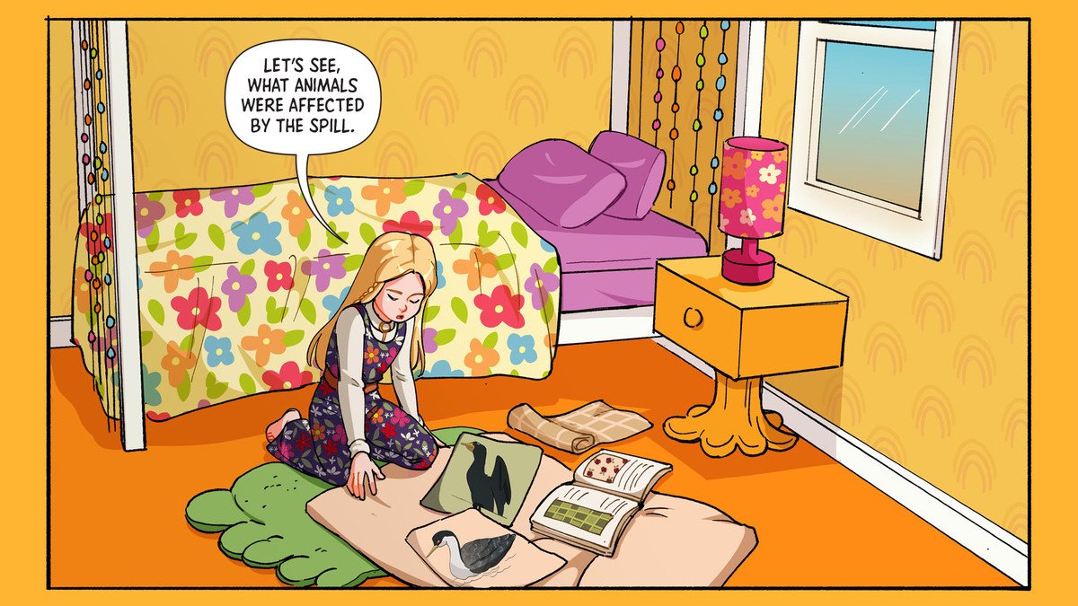 A panel from Julie and the Blue Guitar shows Julie sitting on the floor reading about an oil spill.